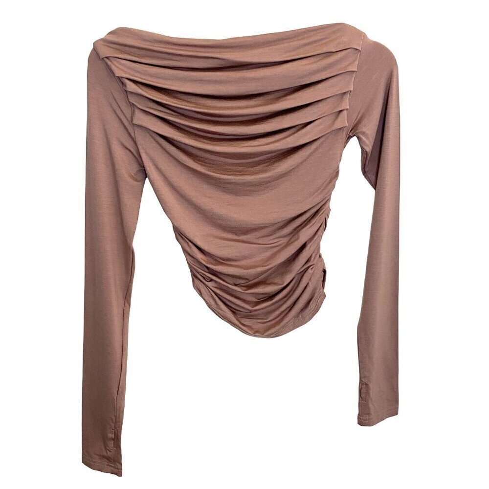 Commense Off Shoulder Ruched Long Sleeve Top Thumb Hole Yoga Athleisure Sz S NWT